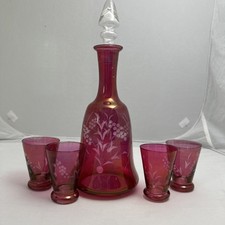 Vintage Cranberry Glass Floral Etched Decanter and 5 Cordial Glasses LOVELY picture