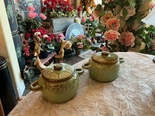 Pair Frankoma Pottery  Wagon Whreel Bean Pot/Casserole w/Lid 94U  Prarie Green picture