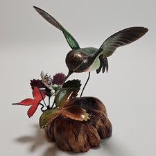 Vintage Norman Brumm Hummingbird Enamel Copper Sculpture Burl Wood Signed 6
