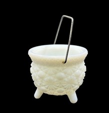 Vintage Milk Glass Toothpick Holder Bucket Daisy Button 3 Footed w/ Handle picture