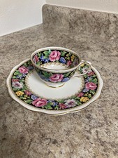 Vintage Roslyn Fine Bone China Black Velvet Floral Teacup & Saucer England 8555 picture