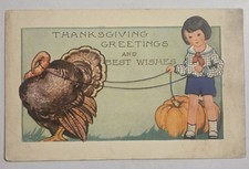 Thanksgiving Greetings Child Walking Turkey Antique Embossed Used Postcard 114 picture