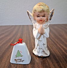 Vintage Arnart 1950's Ceramic Porcelain Angel Figure, Gold Cross Gown & Bell picture