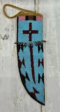Vintage Style Native American Beaded Leather Knife Sheath Turquoise 10” picture