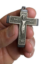 Vintage Italy Crucifix Pendant Ecce Lignum Crucis INRI Black Silver Tone 1.75