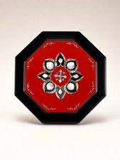 Red & Black Korean Lacquerware Bento Box Mother of Pearl Inlaid Octagon Vintage picture