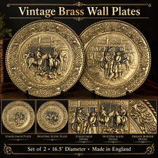 Vintage Set 2 Embossed Brass Wall Plates Hunting Stagecoach 16.5