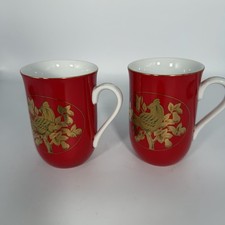 Vintage Otagiri Japan Gibson Red Gold Floral Bird Mugs 8 Oz Set of 2 picture