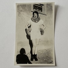 Vintage Sepia Snapshot Photograph Beautiful Young Woman Flapper Legs Winter Fur picture