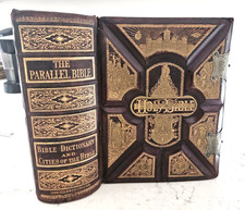 1885 antique Bible Parallel columns family pictorial w/clasps 1800's picture