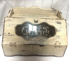 Vtg Wood Bread Box Stencil Design Glass Face Farmhouse Breadbox Cottagecore picture