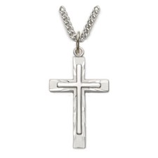 Men's Sterling Silver Diamond Engraved Inner Cross Pendant Christian Necklace picture
