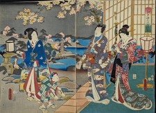 Antique Japanese Woodblock Diptych Print by Kunisada -Rustic Genji #6- c.1853 picture