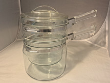 VTG Pyrex Flameware Clear Glass Double Boiler 3 Pc Set Pots & Lid picture