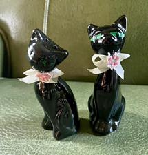 Vintage MCM Artmark Black Cat Salt and Pepper Shakers Green Eyes Flowers Taiwan picture