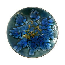 50s Kareka Enamel on Copper Trinket Dish Blue Green Gold MCM Signed 4⅛