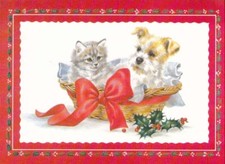 Kitten and puppy in basket Christmas Card #98- 1 card + 1 blank envelope picture
