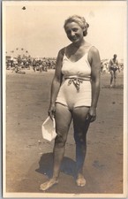 c1940s Real Photo RPPC Postcard Woman in White Bathing Suit / Ferris Wheel View picture