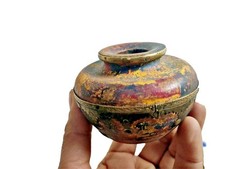 Vintage Hand-Painted Tribal Ink Pot in Brass and Lacquer, Office Decor picture