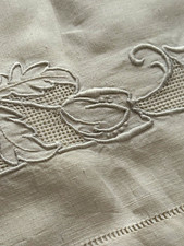 Antique White on white linen embroidered cotton flat sheet queen/king  monogram picture