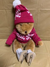 Brown Plush Bear with roller skates - Vintage w/ Red White Sweater & Hat picture