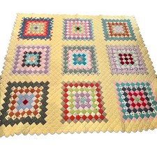 Vintage Granny Square Patchwork Quilt Handmade Multicolor Scalloped Edge 71x73” picture