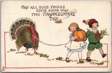 Vintage Tuck's THANKSGIVING Postcard Boy & Girl with Turkey on Leash 1913 Cancel picture