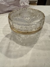VTG French Clear Crystal Floral Cut Design Round Casket Brass Hinged Jewelry Box picture