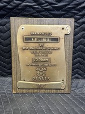 Vintage 1954 10 Years Esso Dealer Award Metal Wood Plaque Early Gas & Oil picture