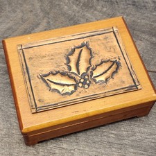 Embossed Hamered Copper Vintage Wooden Trinket Box Holly Berry picture