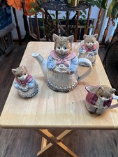 Otagiri Cat 4 Piece Painted Ceramic Teapot Creamer Sugar Bowl & Napkin Holder picture
