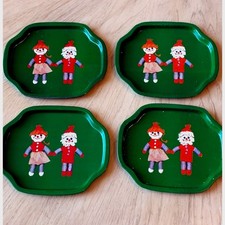 4 VTG Tin Christmas Dolls Elves Holiday Tray Boy Girl Season Greetings Hong Kong picture