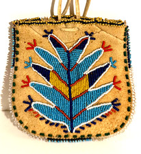HISTORIC PLAINS BEADED HIDE POUCH,TURQUOISE BLUE GLASS BEAD BACKGROUND,EXCELLENT picture