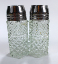 Vtg Unbranded Diamond Hexagonal Shakers Pressed Glass Pattern Salt and Pepper picture
