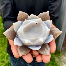 318G Natural Agate Geode Carved Lotus Flower, Hand Carved Healing Crystal Home picture