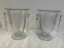 Antique Heisey Empress Pair Of Crystal Candle/ Vases 3 Prisms Each Etched 7.5” picture