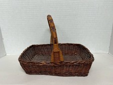Vintage Woven Wicker Rattan Basket with Handle Two-Tone Brown Rectangular 8