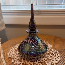 Lovely Iridescent Art Glass Perfume Bottle Pulled Feather w Stopper picture