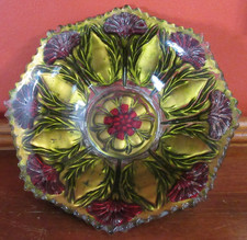1900's GOOFUS GLASS Deep RED THISTLE BOWL Reverse-Painted GOLD Sawtooth Edges picture