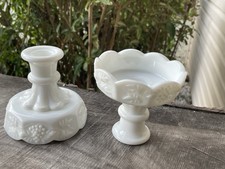 2 Vintage Westmoreland Milk Glass Candleholders 2-way Grape/vines design 1950s picture