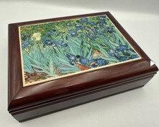 Vintage Rosewood Music Jewelry Box Van Gogh Irises Tile Velvet Interior Working picture