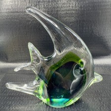 Vintage 1980s Art Glass Fish Figurine Paperweight Heavy Glass Ombré Green Blue picture