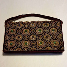 Vintage Burgundy Velvet Zardozi Clutch Made In India Cabochon Gemstone Accents picture