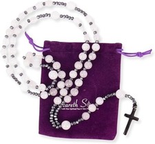 White Jade Stone Beads Rosary with Black Hematite Beaded Necklace & Metal Cross picture