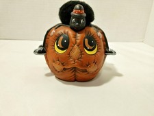 Vintage 1986 Dona's Ceramic Painted Pumpkin With Fuzzy Spider on Head Halloween picture