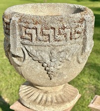 Vintage Concrete Garden Urn Planter Grape Motif Pedestal Pot 10.5” X 10” Mossy picture