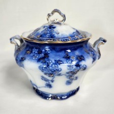 Antique Ridgeway Sugar Bowl Lugano Flow Blue Pattern England Gold Accents RARE picture
