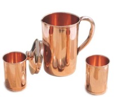 Pure Copper Handmade Jug Water Pitcher 1.5 L & 2 Glasses 300 ml Storage Combo picture
