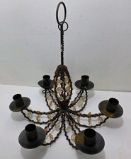Vtg. Bohemian Wrought Iron 6-Votive Candle Chandelier/Amber-Colored Beaded Gems picture