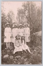 Vintage RPPC Postcard Six Girls Hats Dresses Outdoor Woods Scene c1910s picture